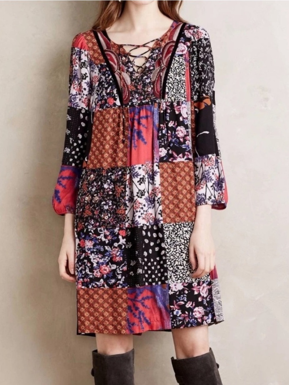 One September Anthropologie Arcata Patchwork Mixed Media Dress Medium